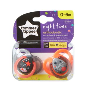 Tommee Tippee játszócumi CTN Night 2 db 0-6 hó neon-narancs - szürke