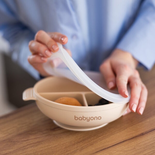 BabyOno babatányér - tapadó aljú, fedeles, 3 rekeszes bézs